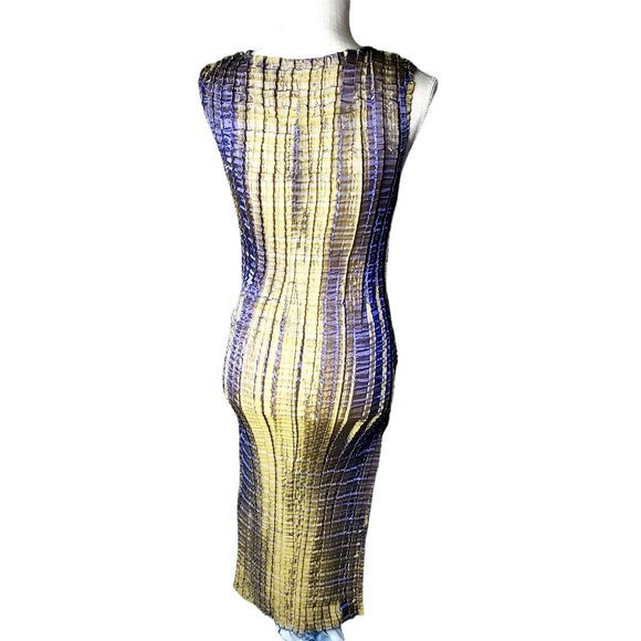 Accordion Pleated Sheath Dress M Color Change Iridescent 90s Gold Green Purple - Picture 3 of 10